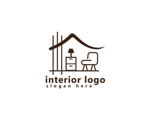 interior, furniture logo, house with chairs and tables with room lights inside, logo design template
