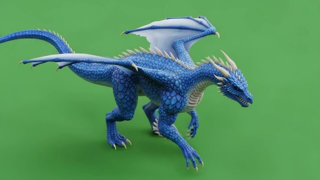 blue dragon animal walking forward with green screen background