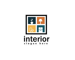 interior, furniture logo, windows with various furniture on each glass logo design template