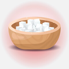 White sugar cubes in a wooden bowl illustration