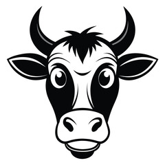 Frontal view of a black and white cow with expressive eyes and sharp horns