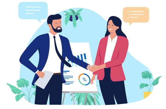Businesspeople, man and woman shaking hands, symbolising a successful deal or partnership, with a presentation board showing charts and speech bubbles in the background. Flat design illustration