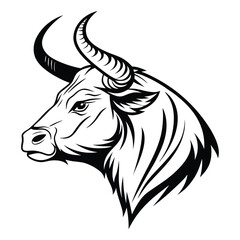 Majestic bull head profile shows strong features and powerful horns in black silhouette