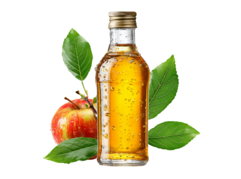 Fresh apple cider bottle with apple and leaves, Isolated On Transparent Background
