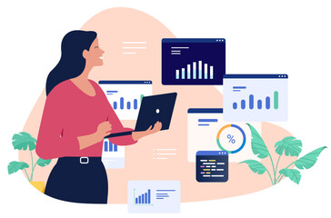 Happy businesswoman working with a laptop, surrounded by various data charts and graphs, representing financial analysis, business intelligence, or marketing statistics. Flat design illustration