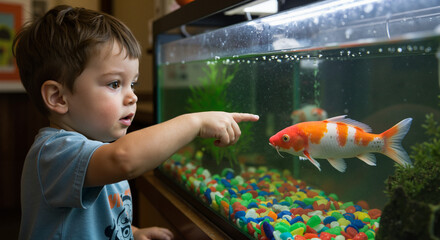 Young child pointing at goldfish in aquarium filled with colorful pebbles  