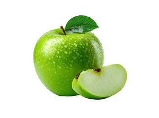 Fresh green apple with water droplets and slice isolated on black background, Isolated On Transparent Background