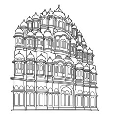 Hawa Mahal Jaipur Rajasthan Line Art Illustration, Detailed Black and White Drawing of Famous Indian Palace with Jharokha Windows, Lattice Facade and Rajput Mughal Architecture