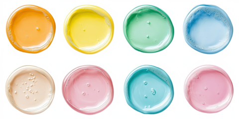 Set of colorful gel texture drops pastel cosmetic serum samples isolated on white transparent background