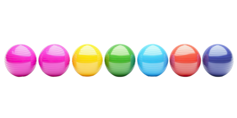 Multicolored fitness exercise balls for balance and training isolated on white transparent background