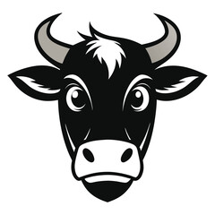 Isolated black and white shows a cartoon bull face with horns