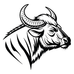 Intricate black and white wildebeest head profile exhibits majestic horns and detailed fur