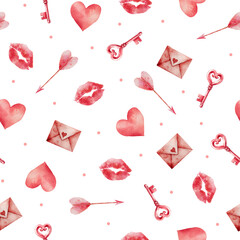 Colorful pattern featuring hearts, keys, arrows, and lips on a white background suitable for festive occasions