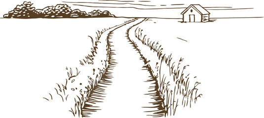 Obraz premium Country road winding across open field to small house, nature landscape, rural scenery sketch illustration
