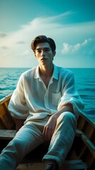 Men sitting on boat in ocean ai generated 