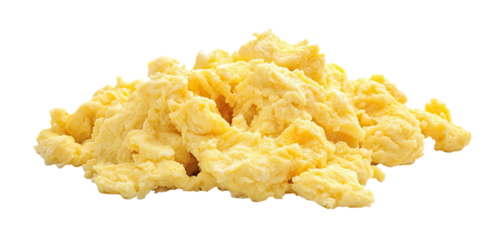 Fresh scrambled eggs heap served for breakfast isolated on white transparent background