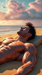 A bodybuilder man take rest near ocean in a sunshine ai generated 