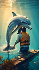 Dolphin in a sea and beautiful ocean wallpaper background ai generated 