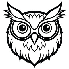 Monochrome owl head has prominent eyes, feathers, and a captivating outline