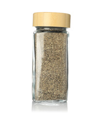 Ground black pepper in spice jar isolated on white