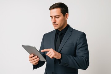 Executive holding tablet in hand, presenting key information or data insights.