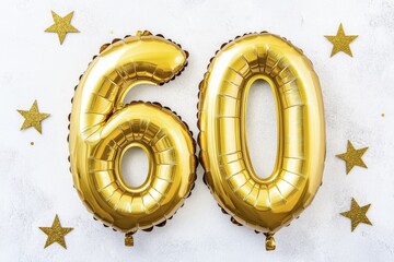 Golden 60th birthday celebration with gold balloons and stars on white background