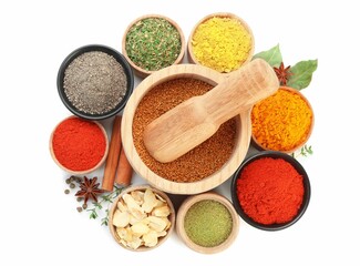 Different aromatic spices isolated on white, top view