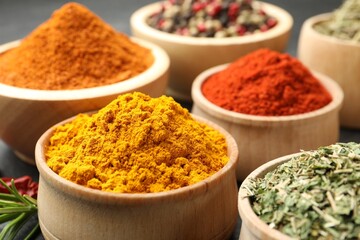 Different aromatic spices on table, closeup view