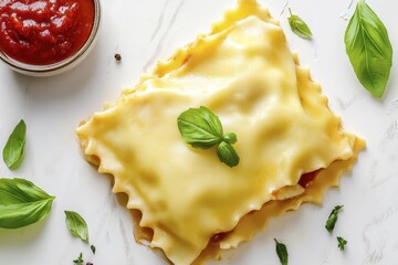 Delicious cheesy lasagna with tomato sauce and fresh basil on marble surface