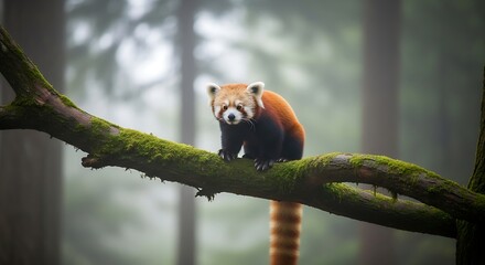 Fototapeta premium Captivating Red Panda Perched on Mossy Branch, Forest Scene in Soft Fog, Observing with Alert Gaze, Vivid Orange Fur, Striking Black Markings, Wildlife Portrait