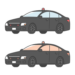 イラスト素材:赤色灯を出した黒塗りの捜査用車、要人警護、刑事車両 (フルカラー＆モノカラーSET)