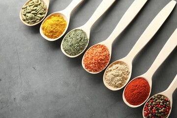 Many different spices in spoons on grey table, flat lay. Space for text