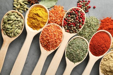 Many different spices in spoons on grey table, flat lay