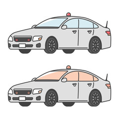 イラスト素材:赤色灯を出した覆面パトカー、日本の警察車両(フルカラー＆モノカラーSET)