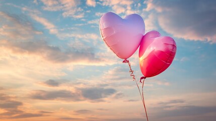 Fototapeta premium Heart Balloons Drifting in Pastel-Hued Heaven, Embrace of Romance with Gentle Lighting