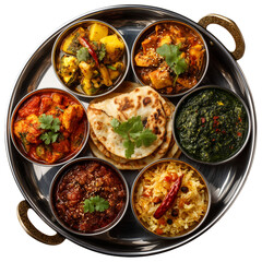 Authentic indian thali meal with curry rice and naan bread cuisine dish isolated on transprint background