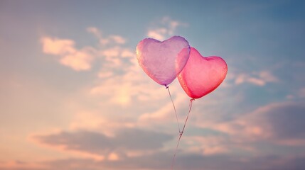  Floating Love: Heart-Shaped Balloons Amidst a Pastel Sky, Embracing Romance