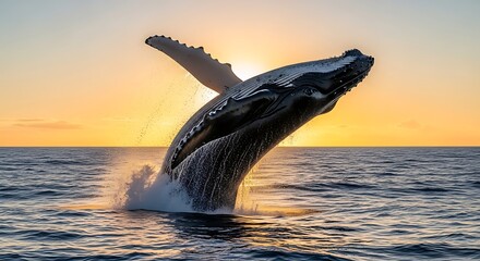 Humpback Whale Breaching Ocean at Sunset: Majestic Jump, Dramatic Light, Marine Wildlife, Powerful Splash, Warm Golden Hour