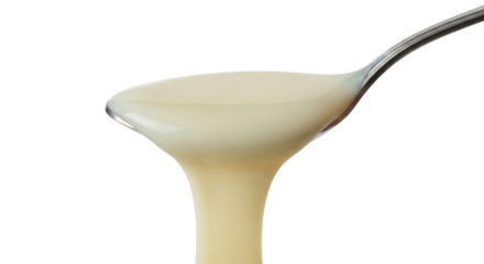 Creamy dessert sauce cascading off spoon