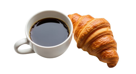 Dark coffee and golden croissant closeup