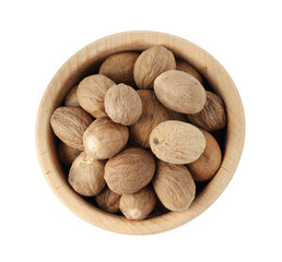 Nutmegs in bowl isolated on white, top view