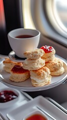mid-flight tea service with scones and jam.