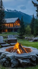 Fire pit near mountain cabin.