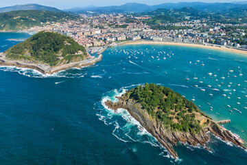 Aerial view of San Sebastian bay with turquoise waters, Donostia city, Basque Country, Spain,