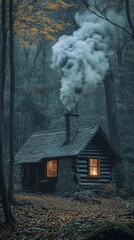 Forest cabin with smoke from chimney.