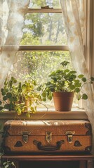 Vintage suitcase by a window with plants.