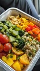 vegan in-flight meal with colorful veggie selection.