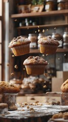 Three muffins flipping in the air above a bakery.