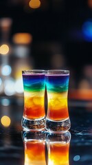 rainbow shot cocktails layered vibrant in flight.