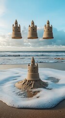 Three sandcastles floating in the air above the beach.